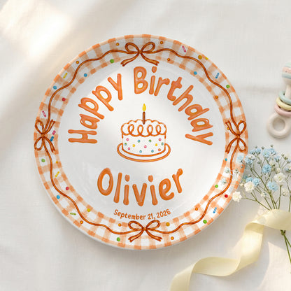 Orange Gingham Bow Personalized Birthday Plate for Kids, Custom Name and Date Ceramic Keepsake P85RP60