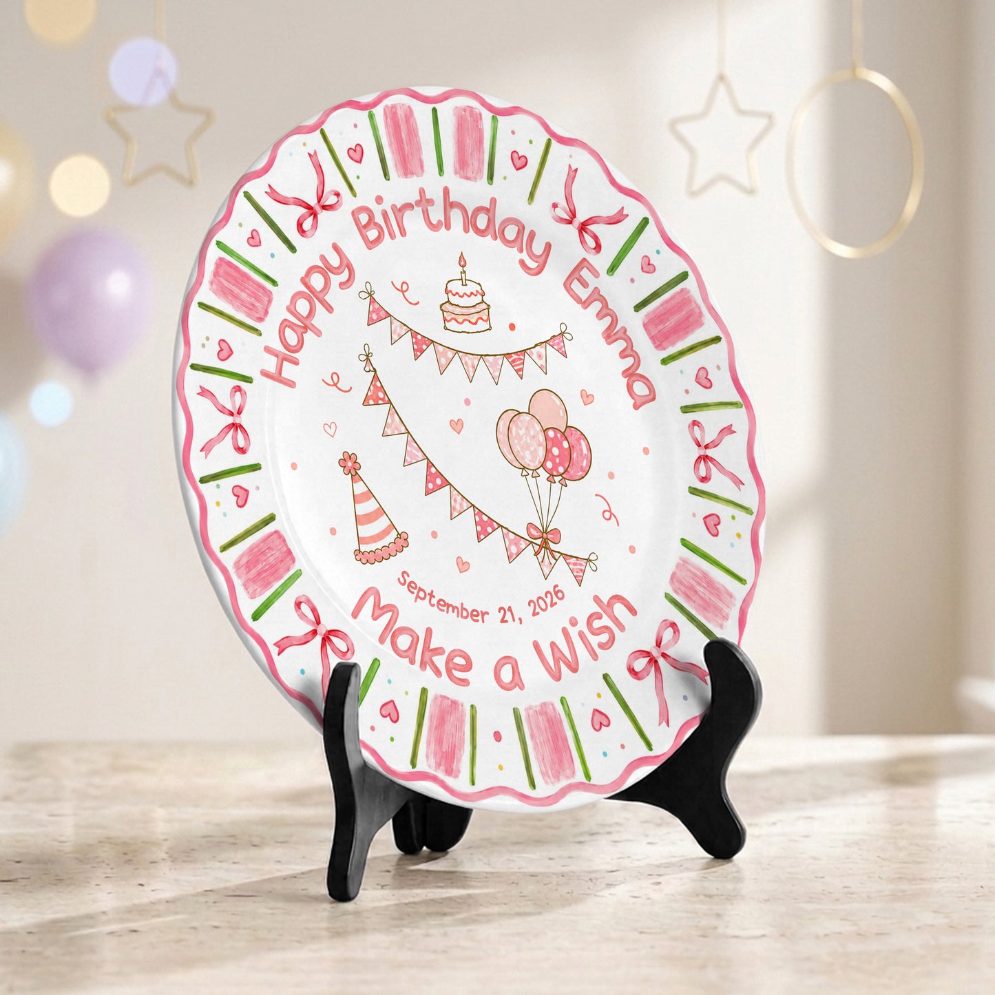 Pink Floral Girl Cake Balloon Make Wish Personalized Birthday Plate P810UCS0