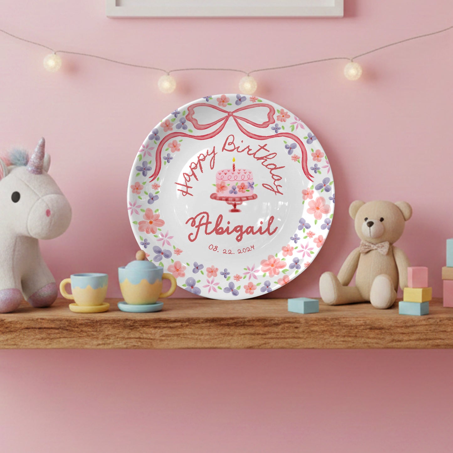 Rose Pink Bow with Floral Border Personalized Birthday Plate P123QQD0