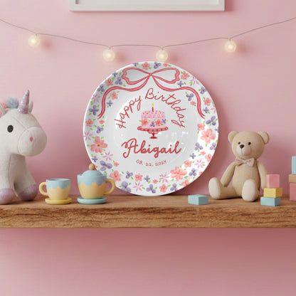 Rose Pink Bow with Floral Border Personalized Birthday Plate P123QQD0