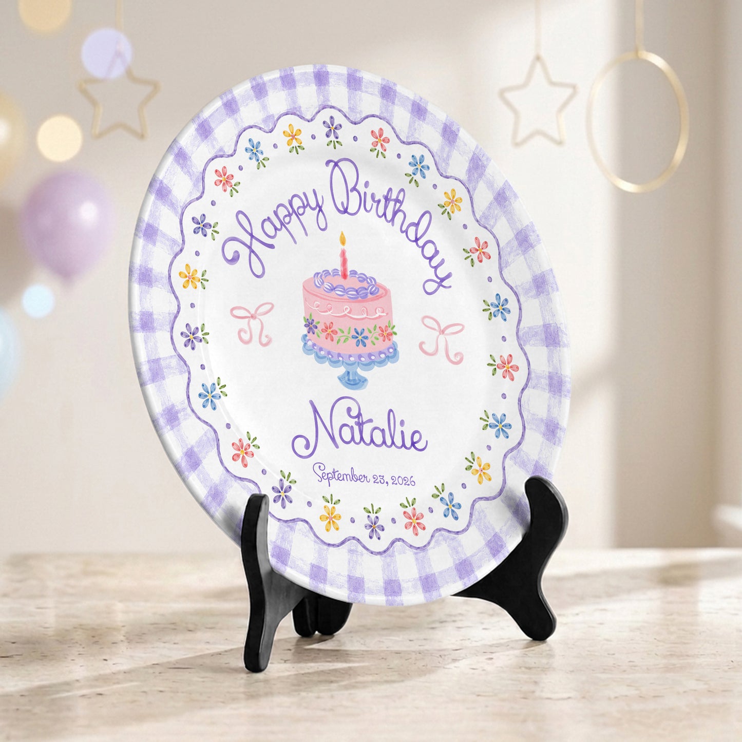 Purple Gingham Floral Birthday Cake Custom Name Keepsake Personalized Birthday Plate Gift P818DTR0