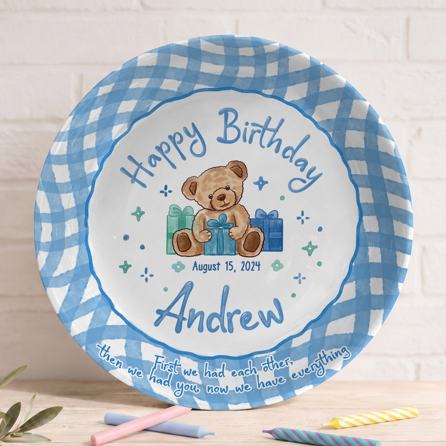 Blue Teddy Bear Birthday Keepsake Personalized Birthday Plate for Baby Boy P625FJ00