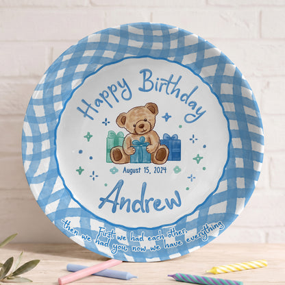 Blue Teddy Bear Birthday Keepsake Personalized Birthday Plate for Baby Boy P625FJ00