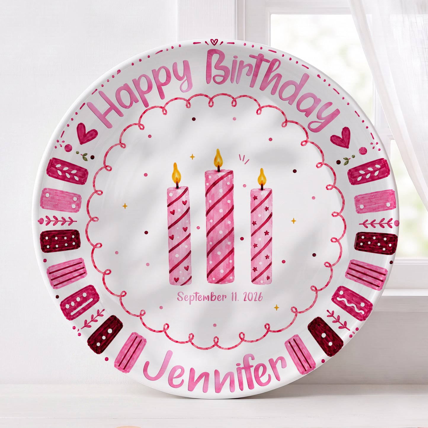 Pink Candle Border with Three Birthday Candles Personalized Birthday Plate P626WXMTT