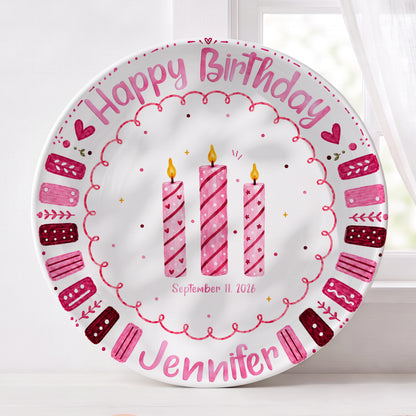 Pink Candle Border with Three Birthday Candles Personalized Birthday Plate P626WXMTT