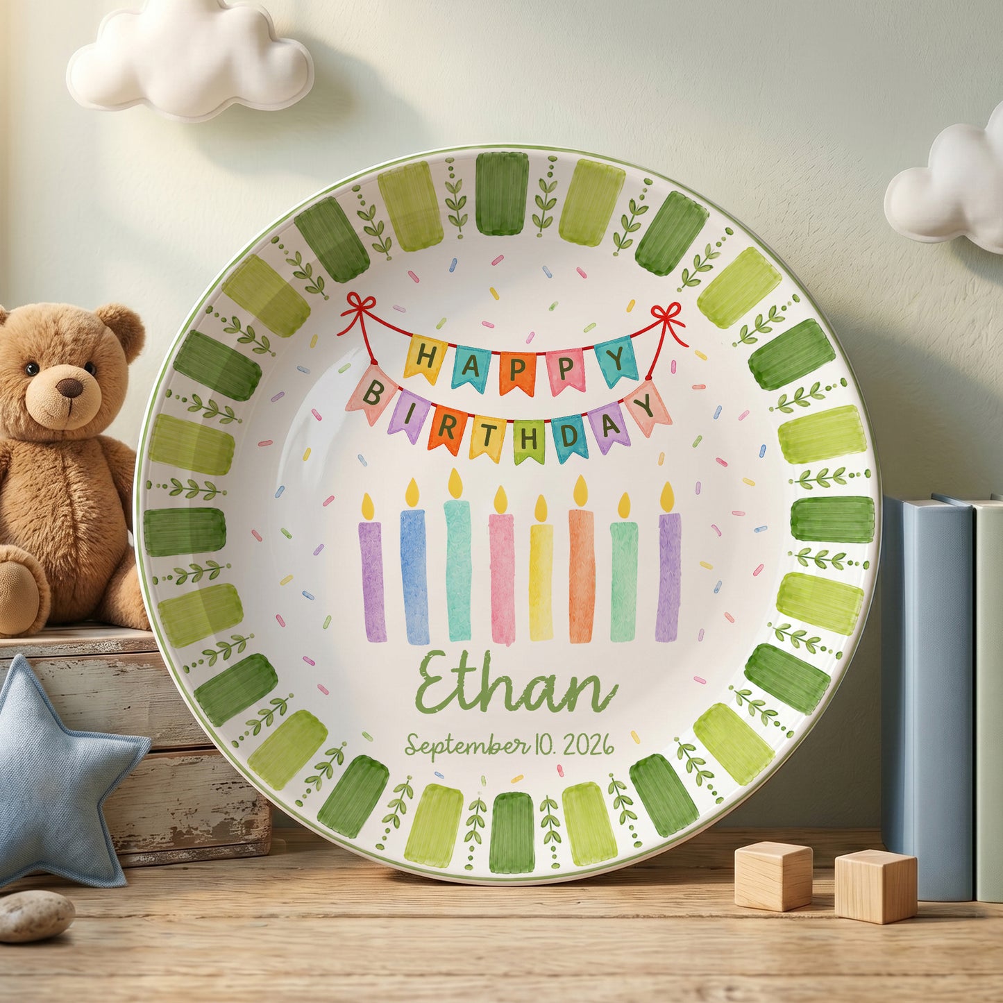 Green Striped Leaf Border with Birthday Banner and Colorful Candles Personalized Birthday Plate P66QSJ0