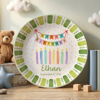 Green Striped Leaf Border with Birthday Banner and Colorful Candles Personalized Birthday Plate P66QSJ0