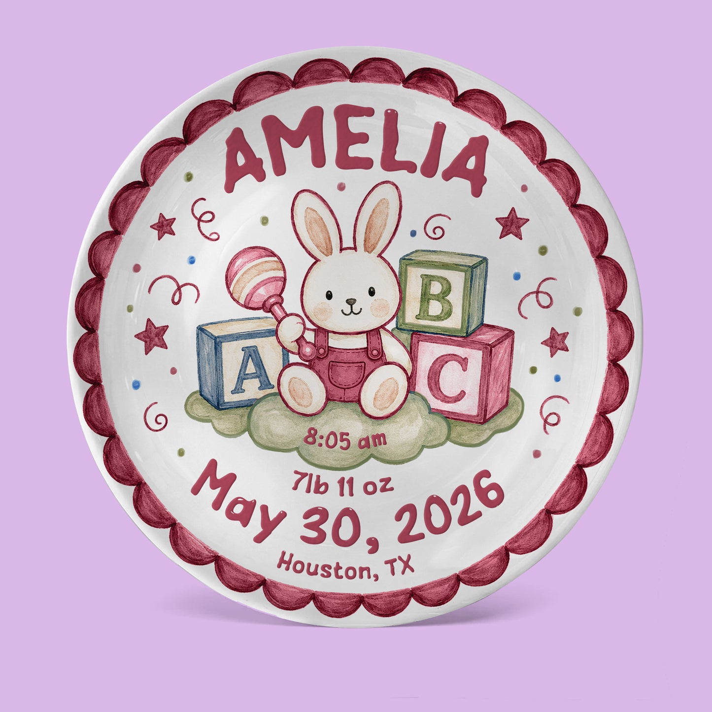 Cute Bunny Birth Stats Keepsake Personalized Birthday Plate for Baby P626ZVPTTb