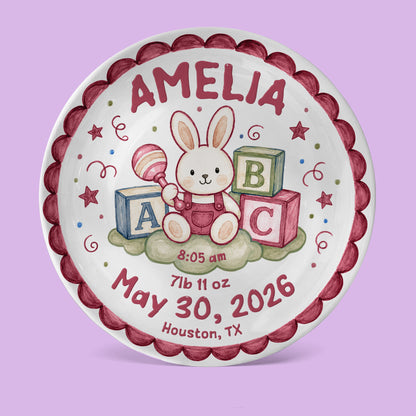 Cute Bunny Birth Stats Keepsake Personalized Birthday Plate for Baby P626ZVPTTb
