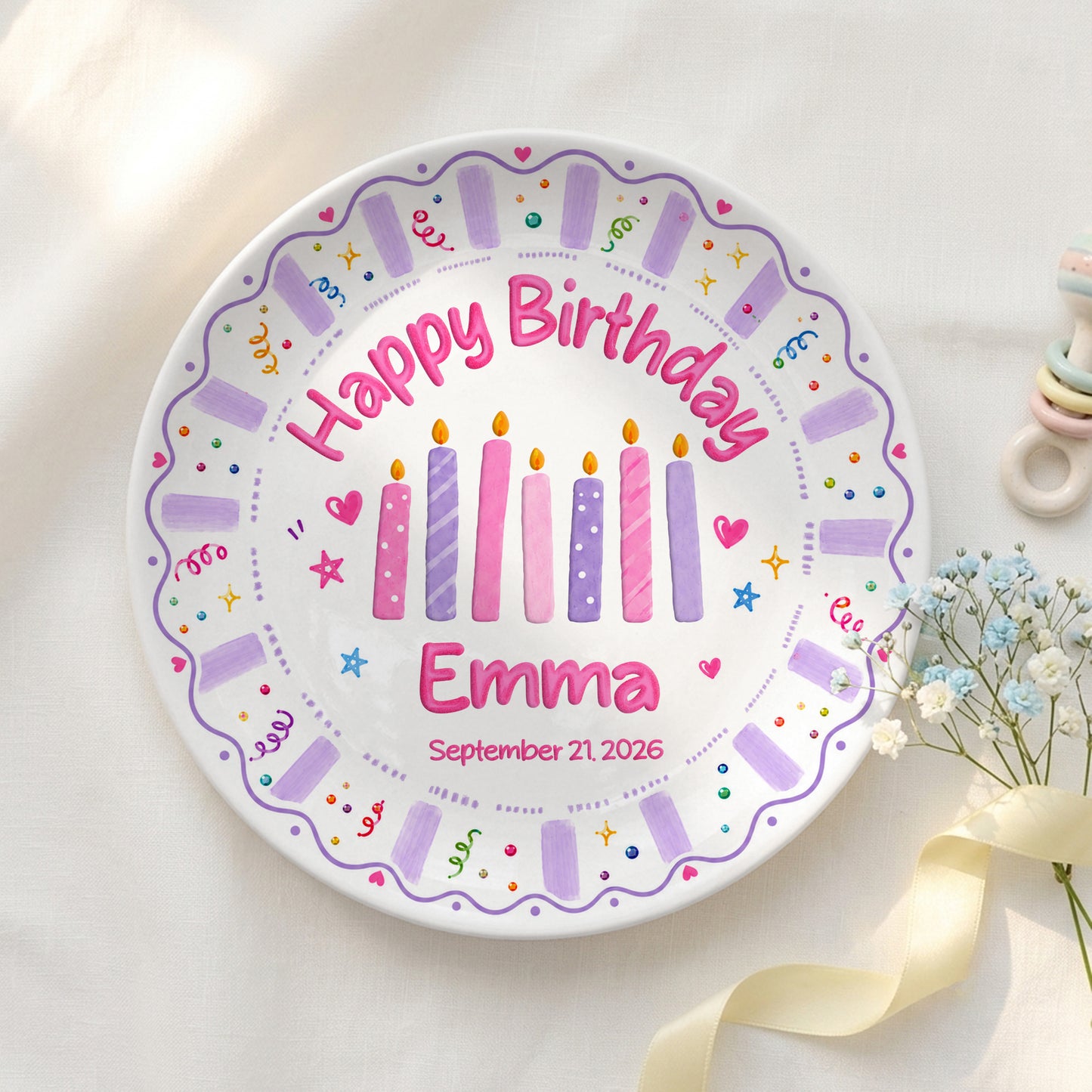 Colorful Candle Personalized Birthday Plate for Kids Custom Ceramic Keepsake Gift P86ZYS0