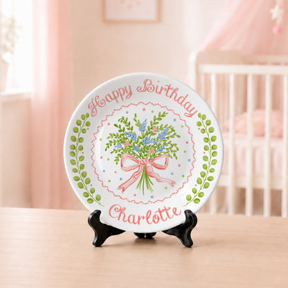 Soft Floral Bouquet Personalized Birthday Plate for Girls P61TIZ0
