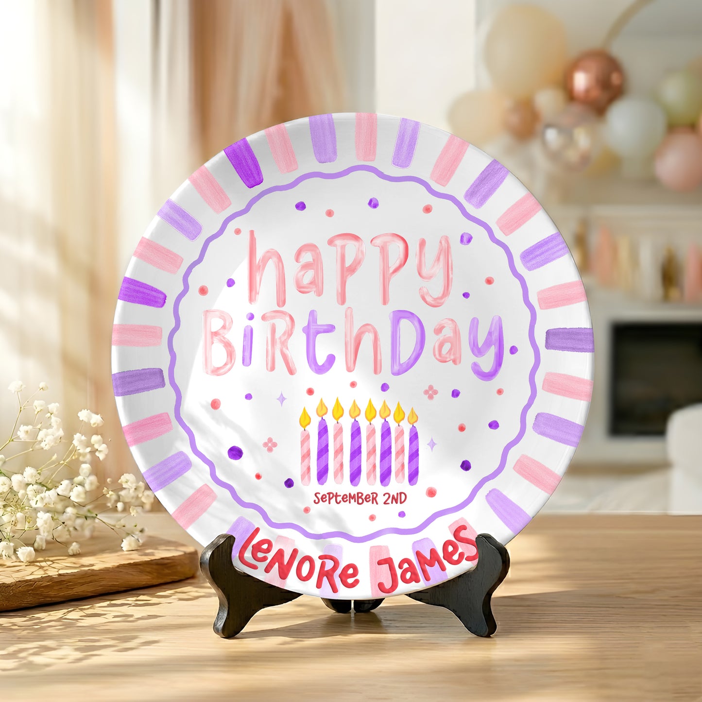 Colorful Candles and Stripes Personalized Birthday Plate D43RCW0a2