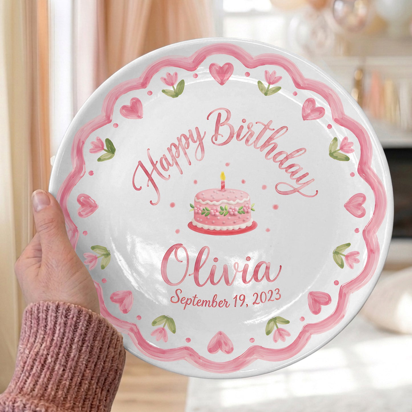 Pink Scallop Heart Border with Floral Birthday Cake Personalized Birthday Plate P415VCJ0