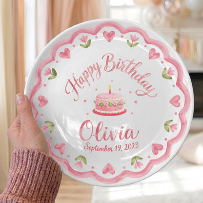 Pink Scallop Heart Border with Floral Birthday Cake Personalized Birthday Plate P415VCJ0