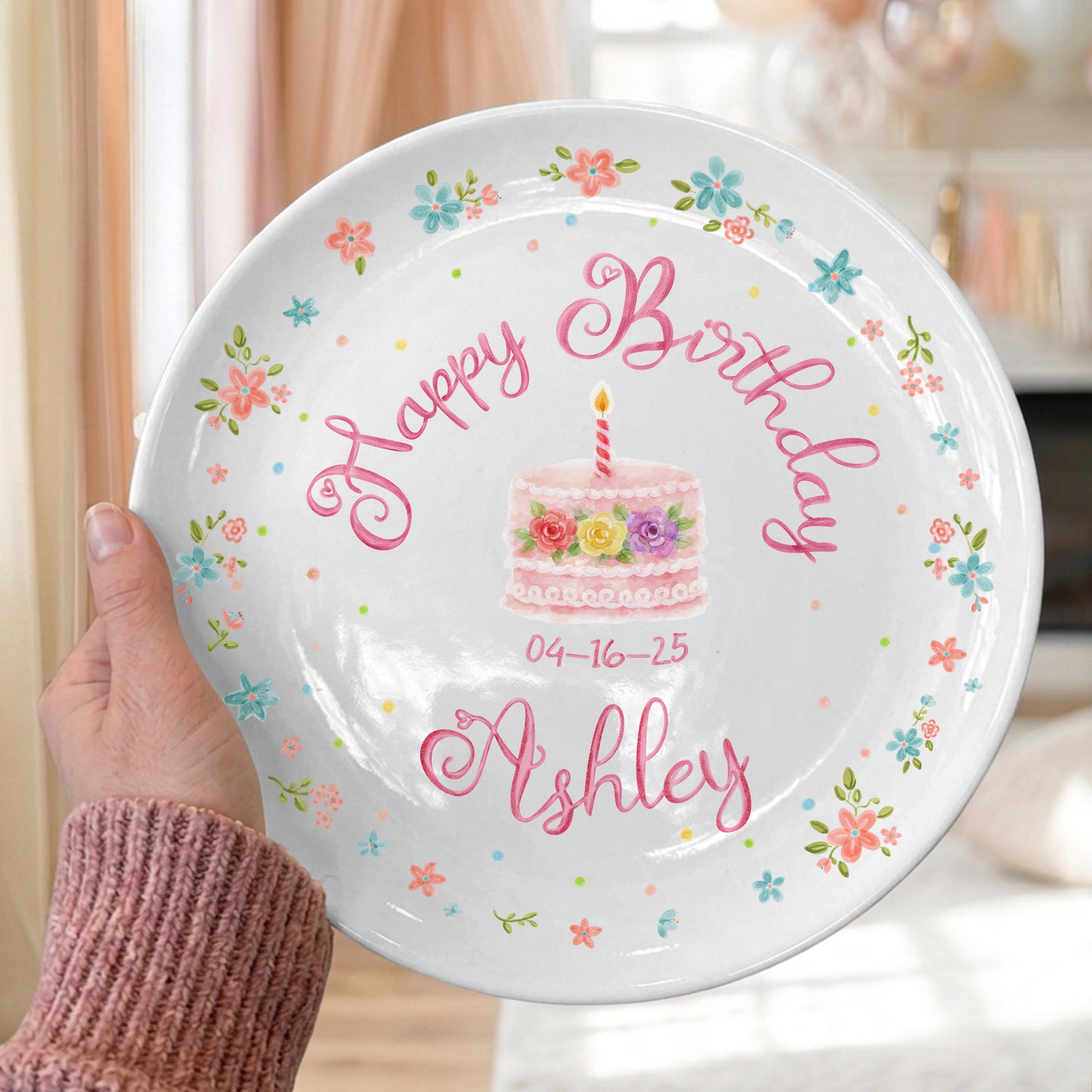 Simple Floral Border Personalized Birthday Plate P412PQN0