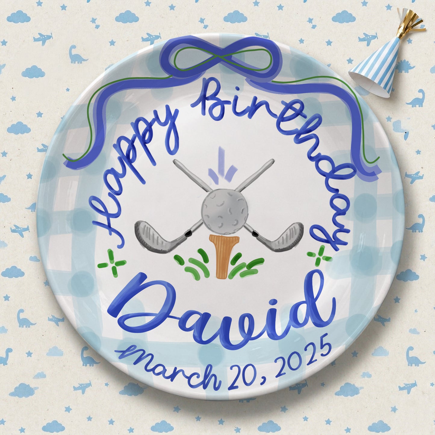 Blue Golf Bow Personalized Birthday Plate for Boys P511RLD0