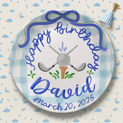 Blue Golf Bow Personalized Birthday Plate for Boys P511RLD0
