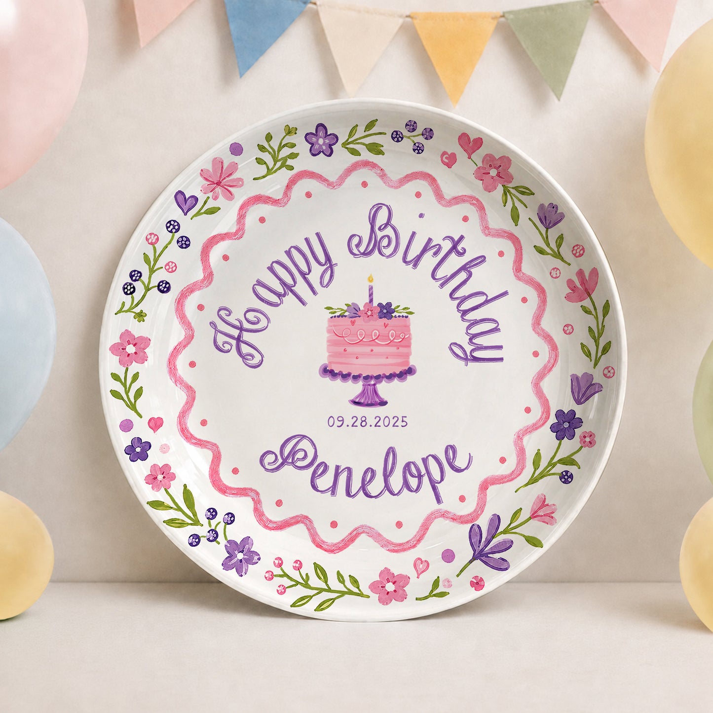 Floral Cake First Birthday Custom Name Keepsake Personalized Birthday Plate P826KAY0