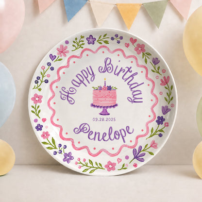 Floral Cake First Birthday Custom Name Keepsake Personalized Birthday Plate P826KAY0