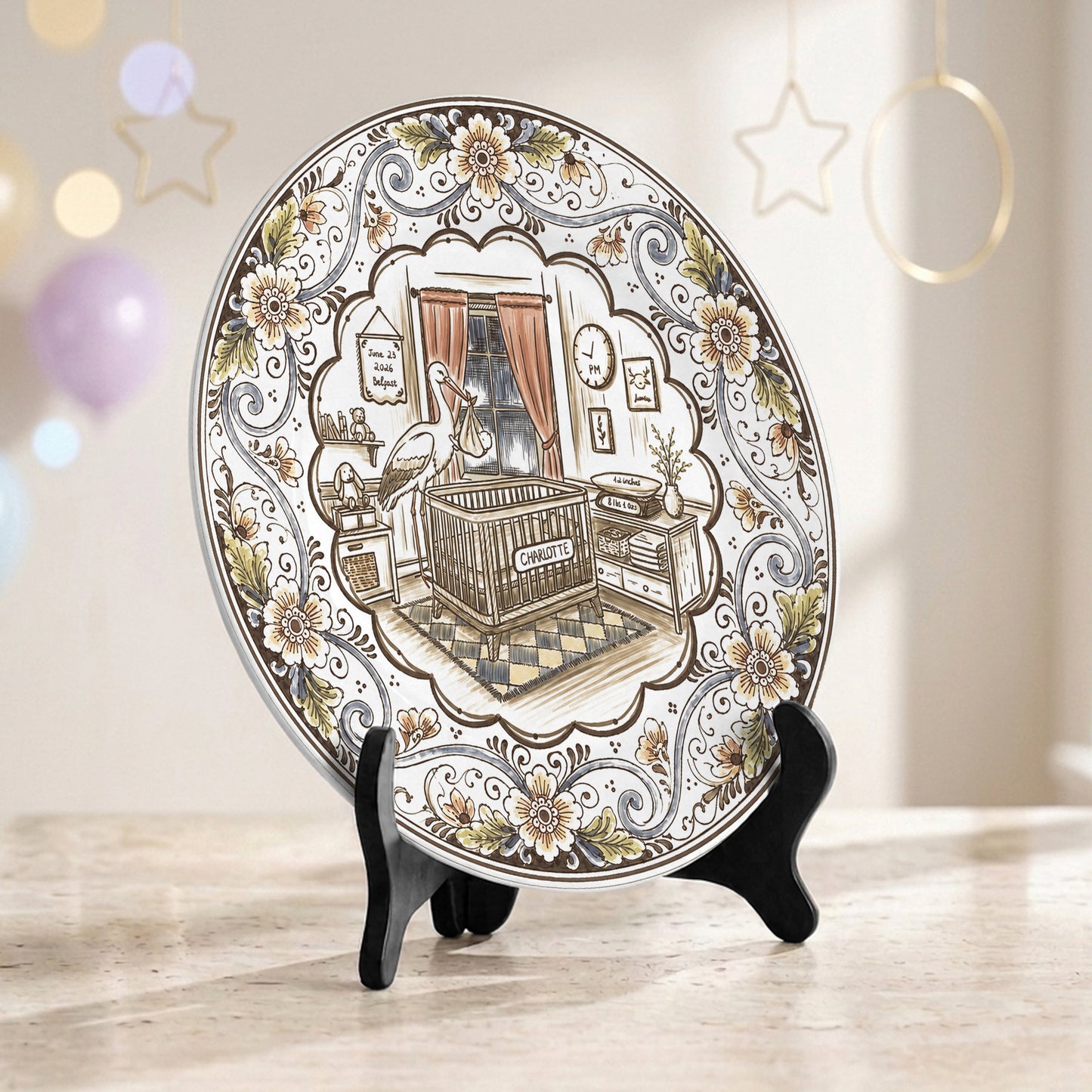 Vintage Floral Newborn Birth Stats Custom Name Ceramic Personalized Birthday Plate P820YFH0