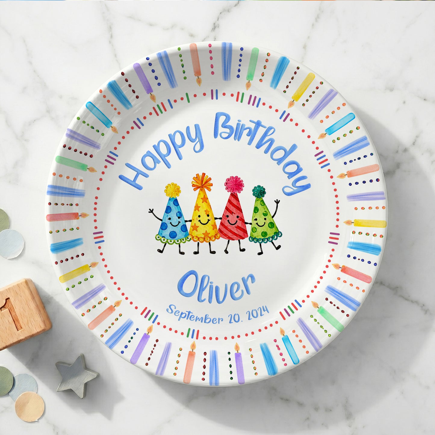 Birthday Hat Candle Border Personalized Birthday Plate P530NCK0