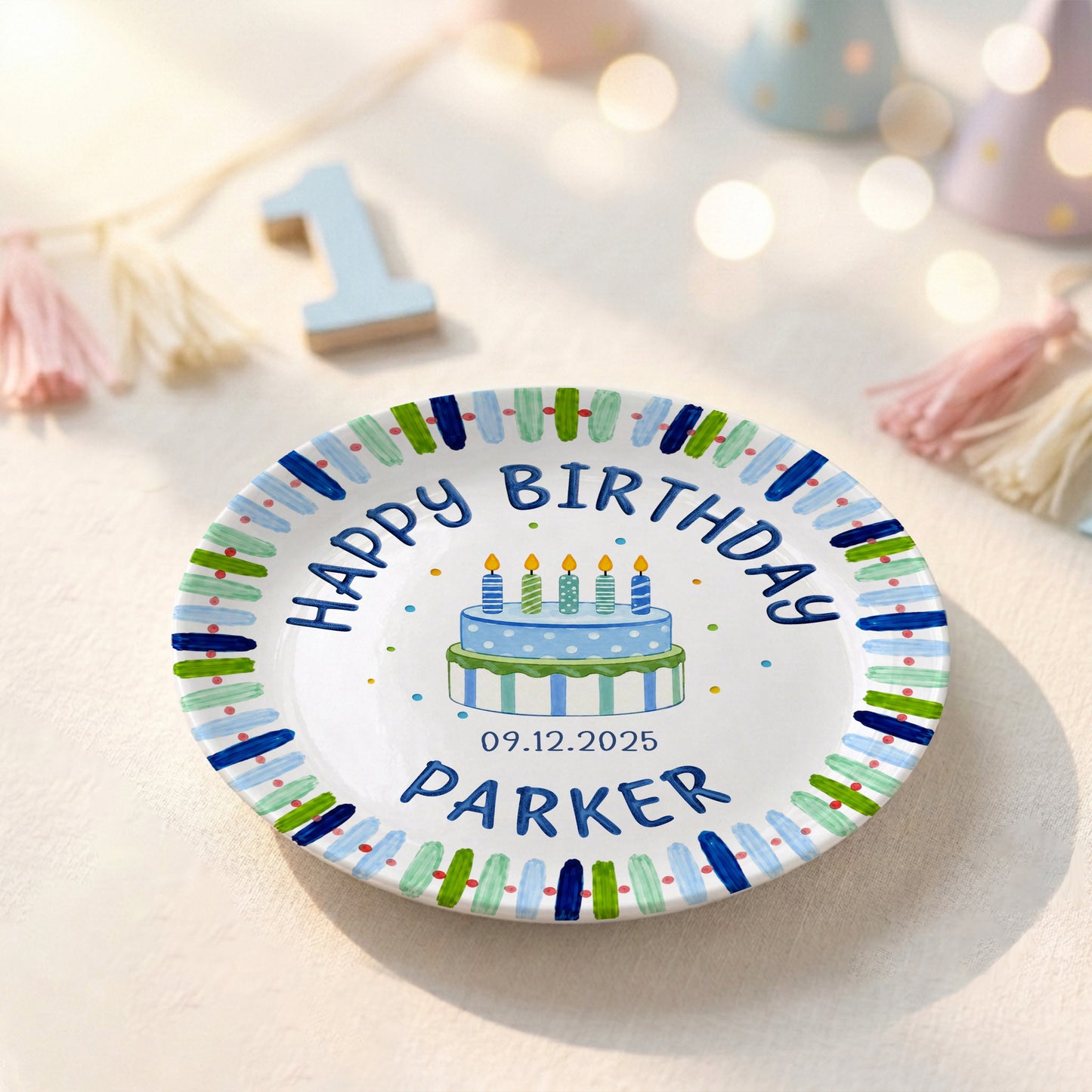 Blue Stripe Birthday Cake Personalized Birthday Plate P728HNA0