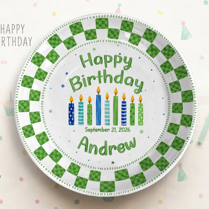 Green Checker Birthday Candles Keepsake Personalized Birthday Plate D78C8H0