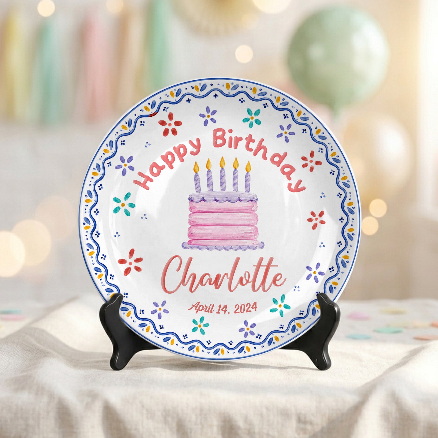 Colorful Floral Cake Design Personalized Birthday Plate for Little Girls P814DYI0