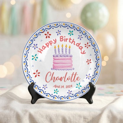 Colorful Floral Cake Design Personalized Birthday Plate for Little Girls P814DYI0