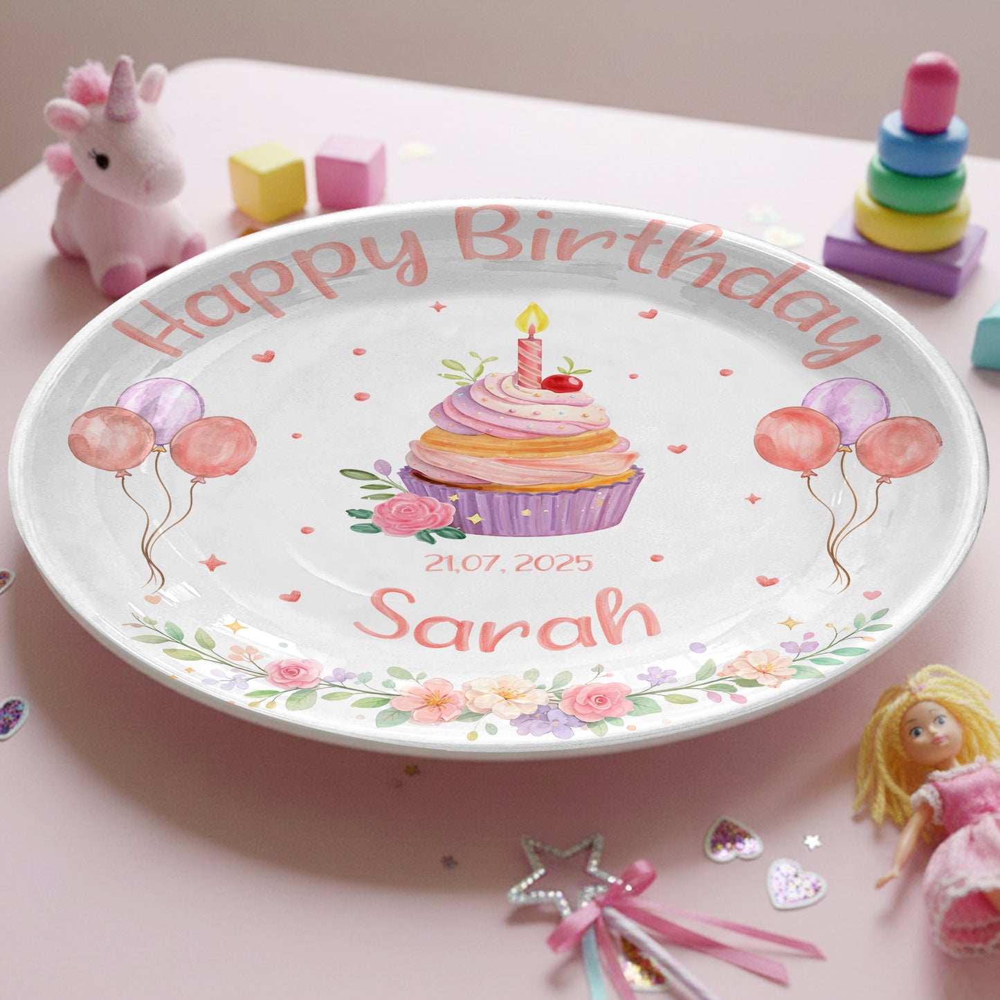 Cupcake with Balloons and Floral Personalized Birthday Plate D319DJS0