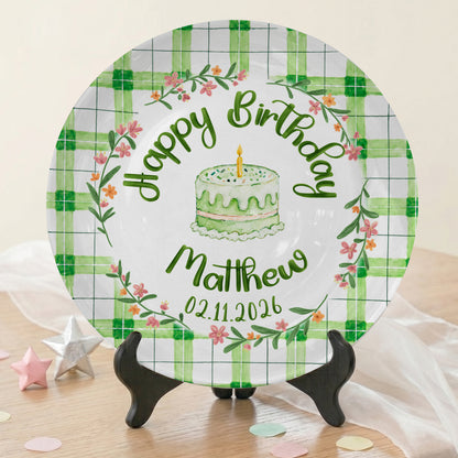 Green Gingham Daisy Birthday Keepsake Personalized Birthday Plate P627TBG0