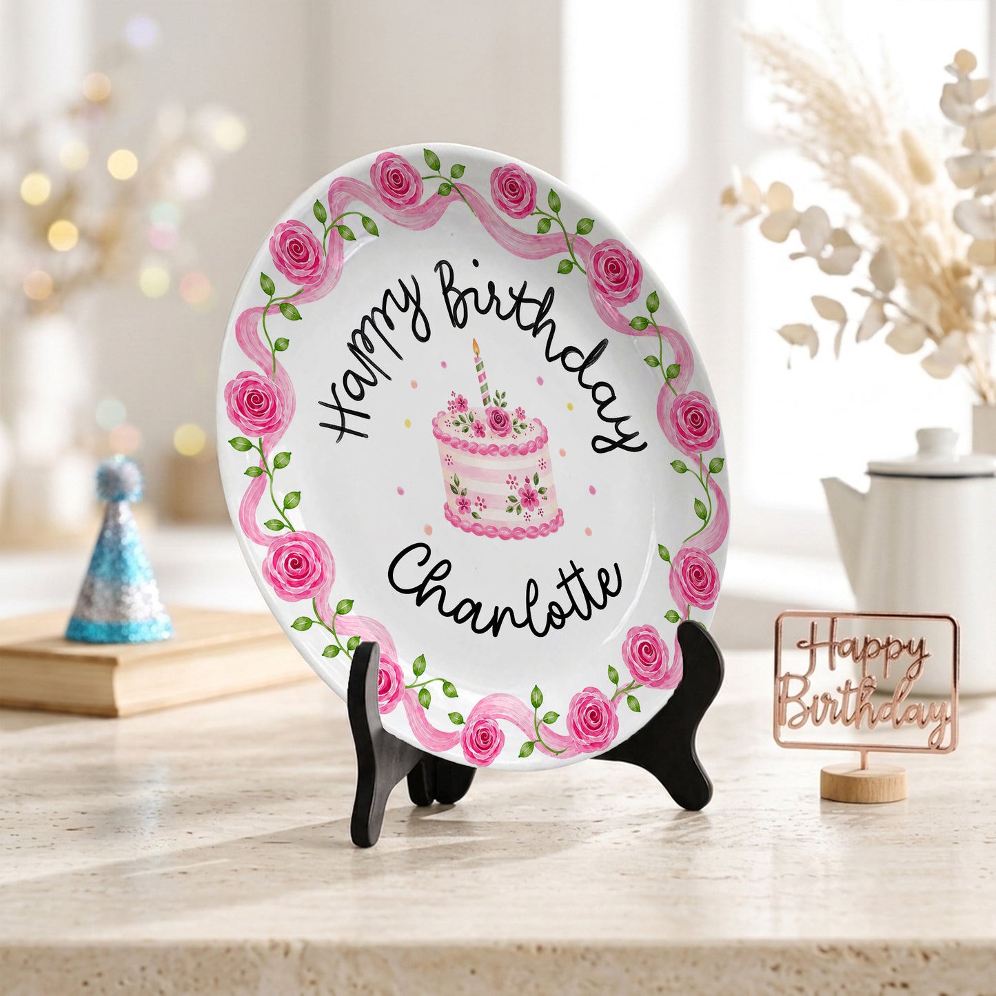 Pink Rose Cake Personalized Birthday Plate P729XQR0