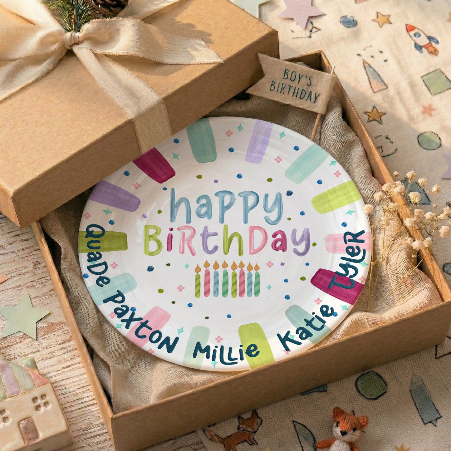 Rainbow Stripe Candle Personalized Birthday Plate for Kids P525IDR0