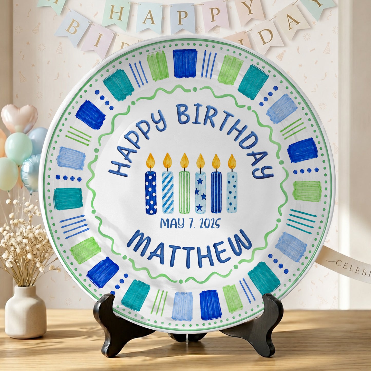 Blue Candle Birthday Tradition Personalized Birthday Plate for Boy P622QHO0