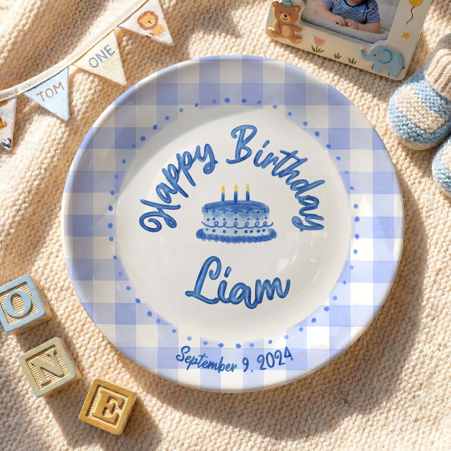 Blue Gingham Border with Blue Birthday Cake Personalized Birthday Plate P415SDU0