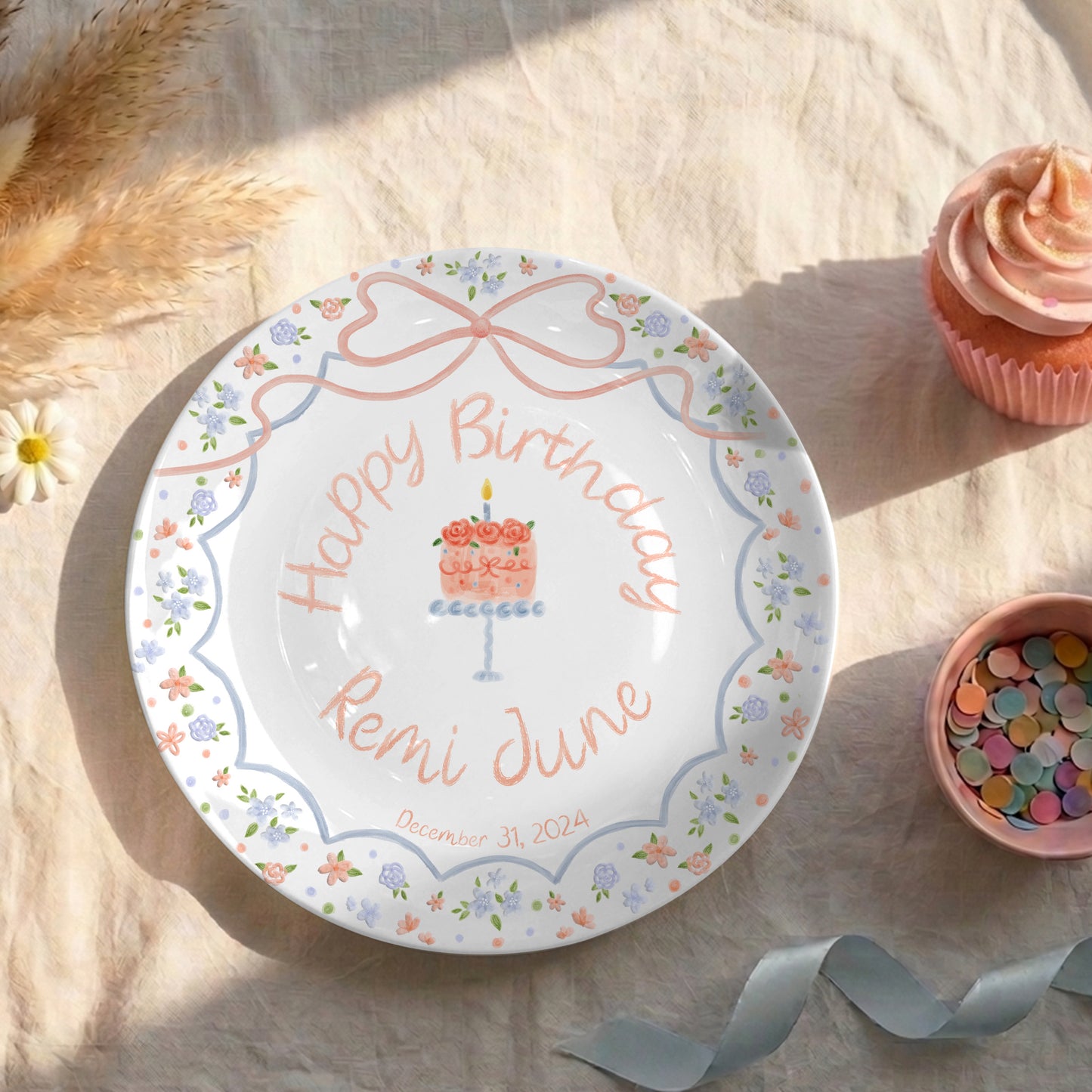 Pastel Floral Bow Cake Personalized Birthday Plate P46E040