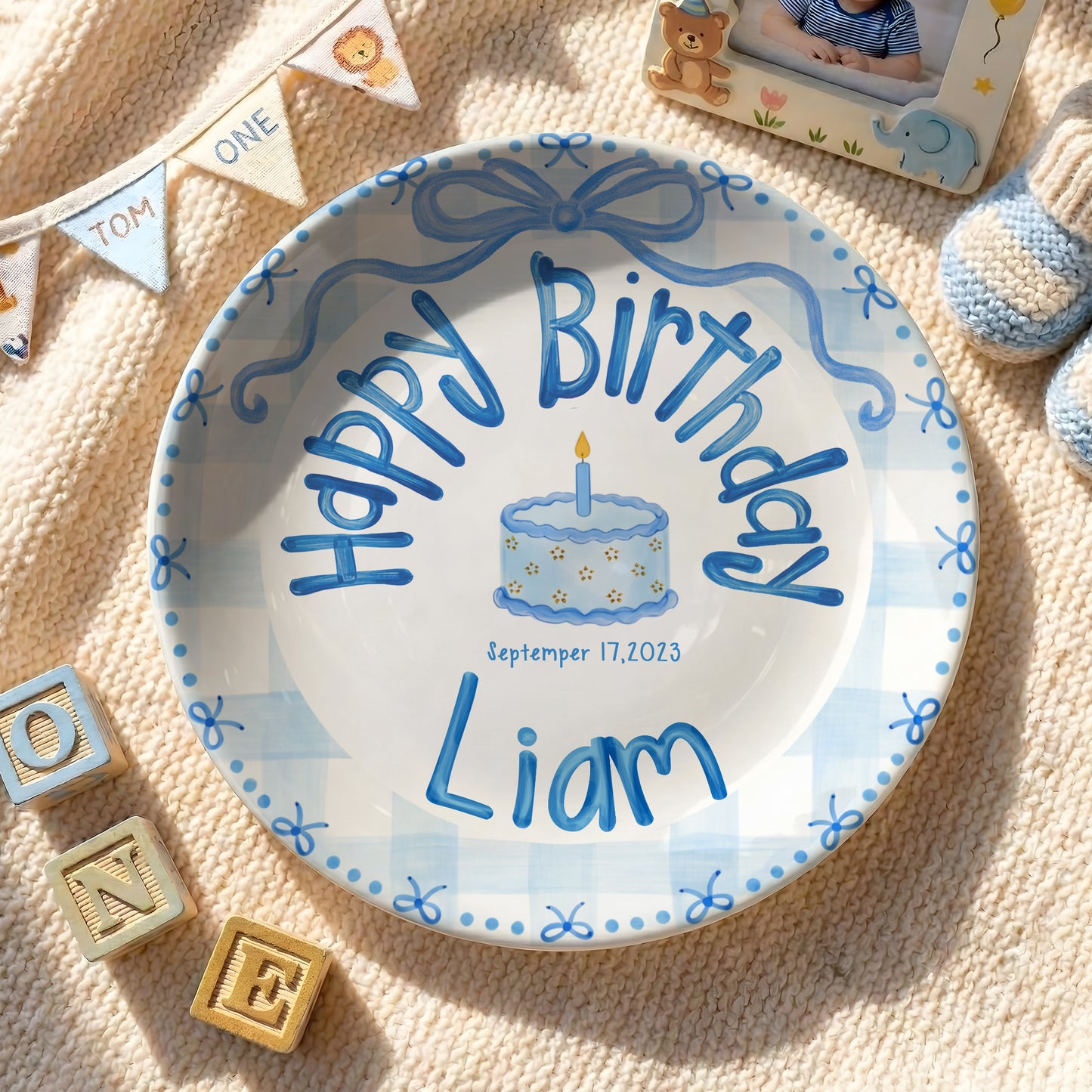 Soft Blue Gingham Personalized Birthday Plate P410VFL0