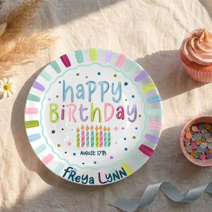 Colorful Candles and Stripes Personalized Birthday Plate D43RCW0a1