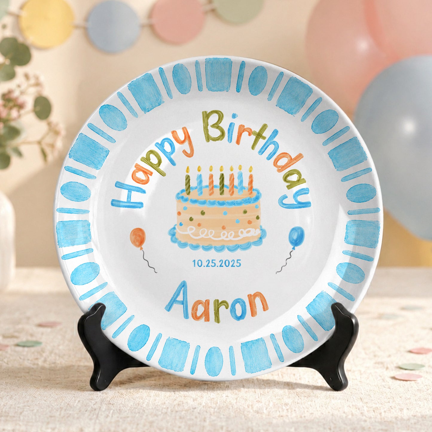 Blue Checkerboard Candle Custom Name Keepsake Personalized Birthday Plate P826TTU0