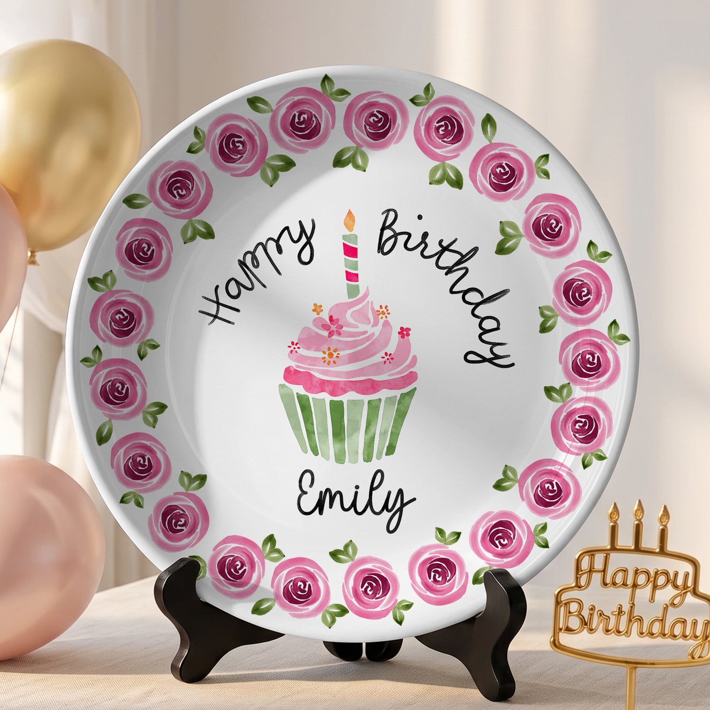 Pink Rose Cupcake Birthday Keepsake Personalized Birthday Plate P626IC7TT