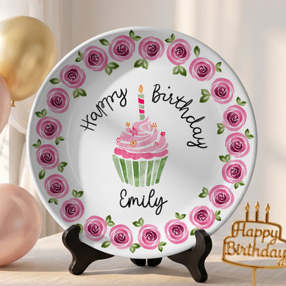 Pink Rose Cupcake Birthday Keepsake Personalized Birthday Plate P626IC7TT