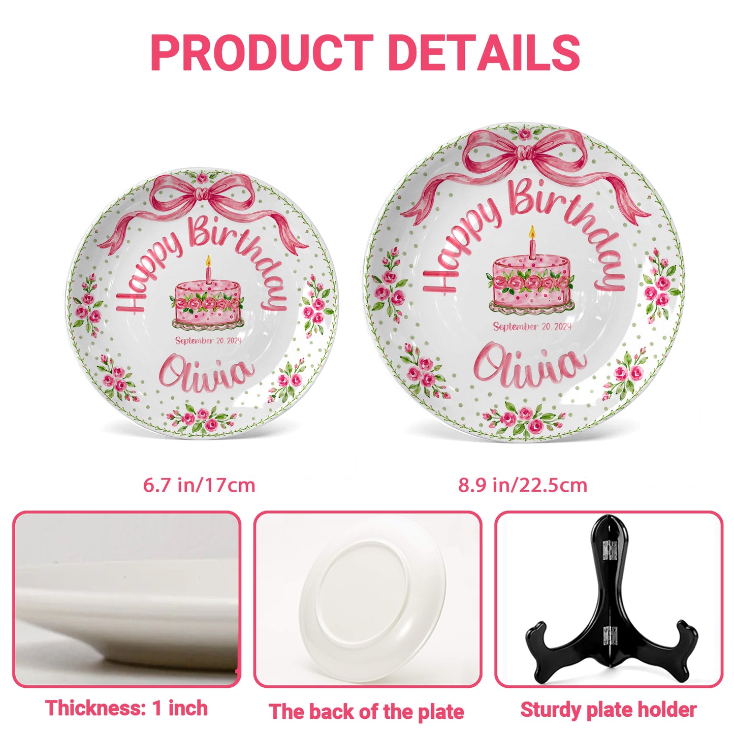 Pink Bow Rose Cake Personalized Birthday Plate P520QZN0