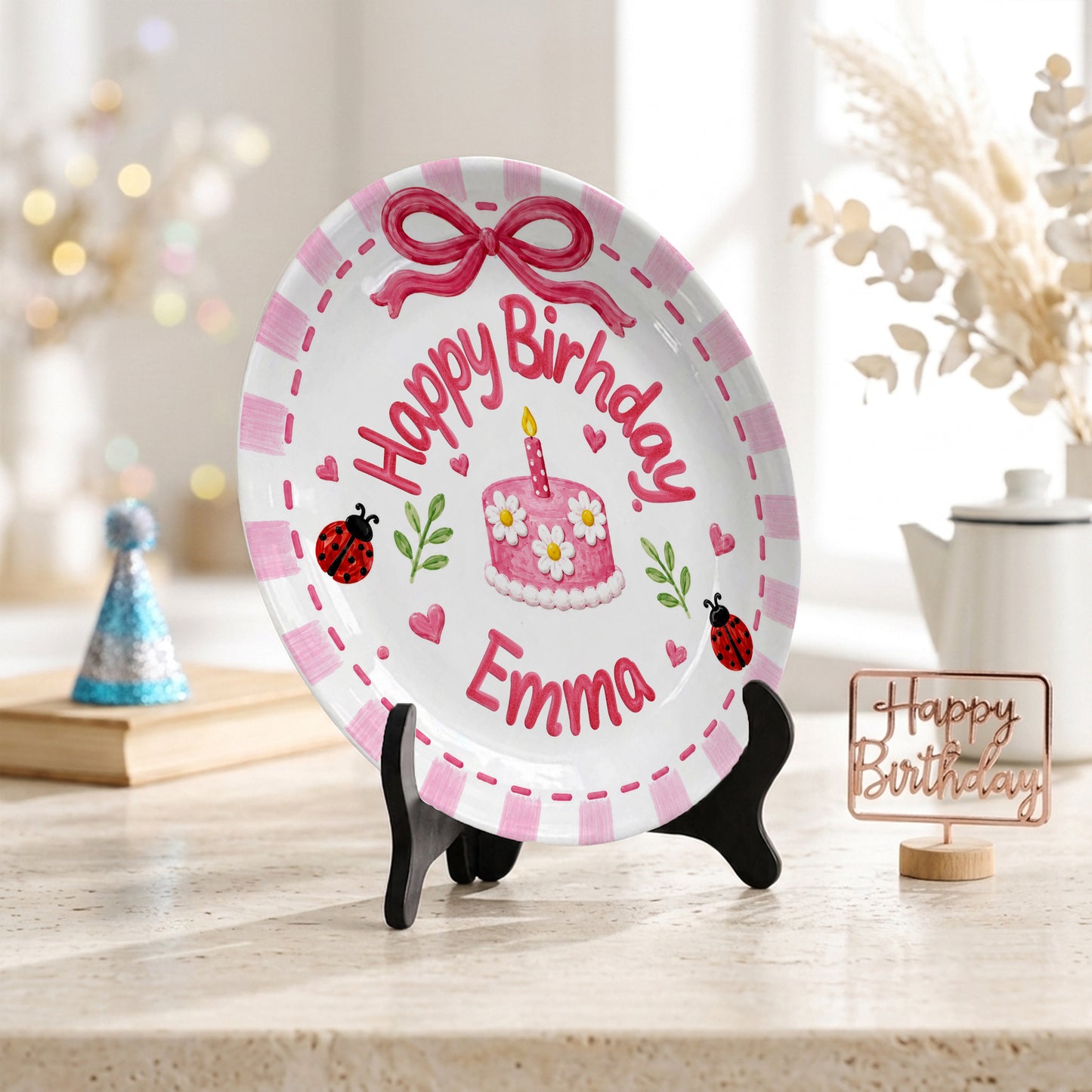 Pink Gingham Ladybug Keepsake Personalized Birthday Plate P7184FK0