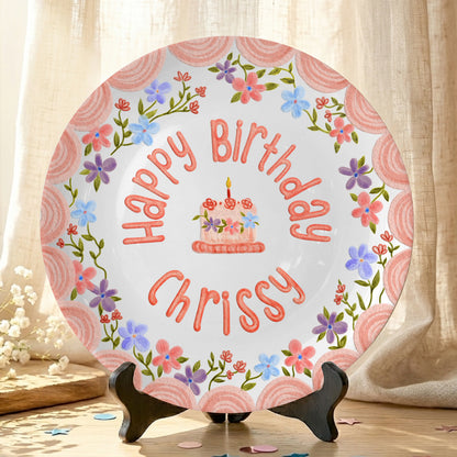 Pink Scallop Border with Colorful Floral Wreath Personalized Birthday Plate P42VPA0