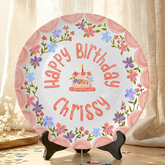 Pink Scallop Border with Colorful Floral Wreath Personalized Birthday Plate P42VPA0