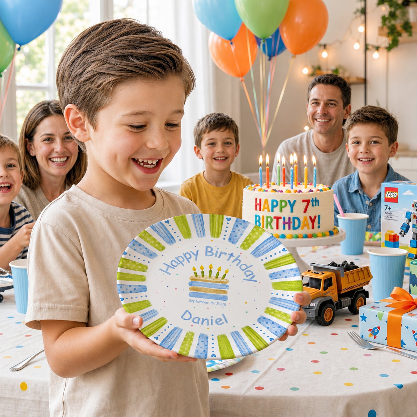 Blue Green Stripe Cake Personalized Birthday Plate P66M130