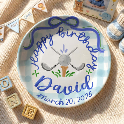 Blue Golf Bow Personalized Birthday Plate for Boys P511RLD0