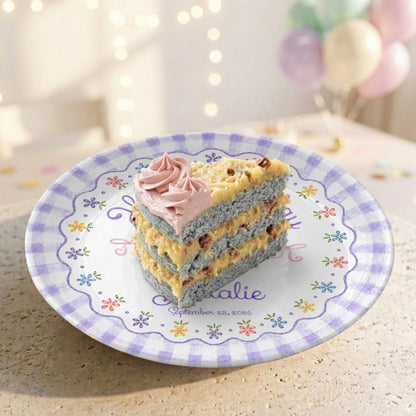 Purple Gingham Floral Birthday Cake Custom Name Keepsake Personalized Birthday Plate Gift P818DTR0