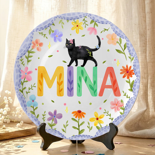 Lavender Scallop Border with Black Cat and Colorful Floral Name Personalized Birthday Plate P54NP00