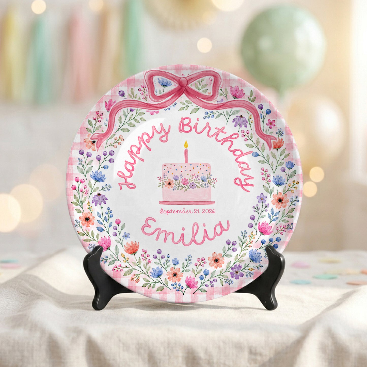 Whimsical Garden Floral Ribbon Keepsake Personalized Birthday Plate for Girls P87NWF0